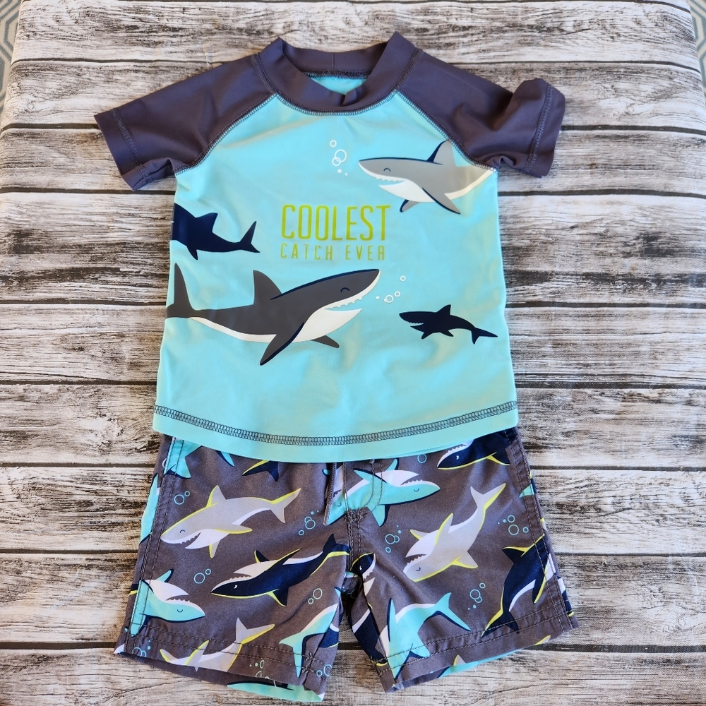 Carters shark swim trunks and rash guard